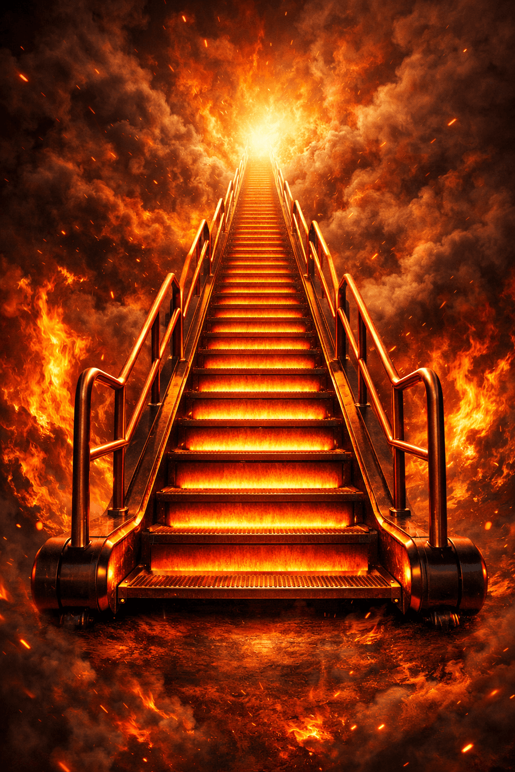 A glowing staircase rising through fire and smoke — the CPAT stair climb ahead