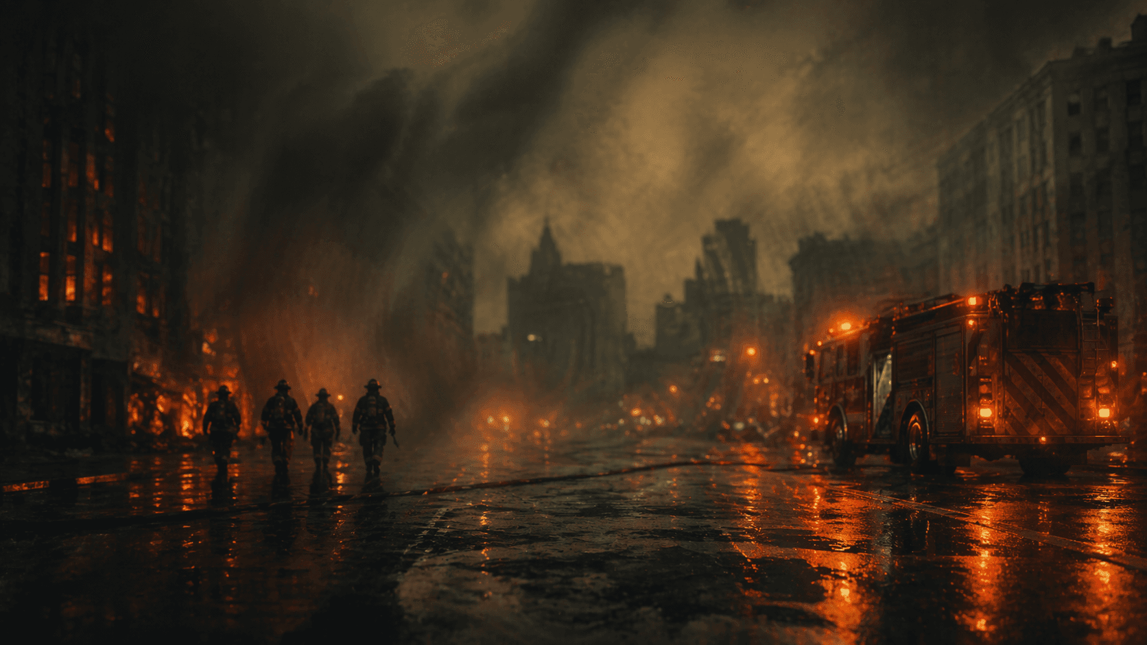 Firefighters walking down a smoke-filled urban street toward a fire engine, emergency lights reflecting on wet pavement at night
