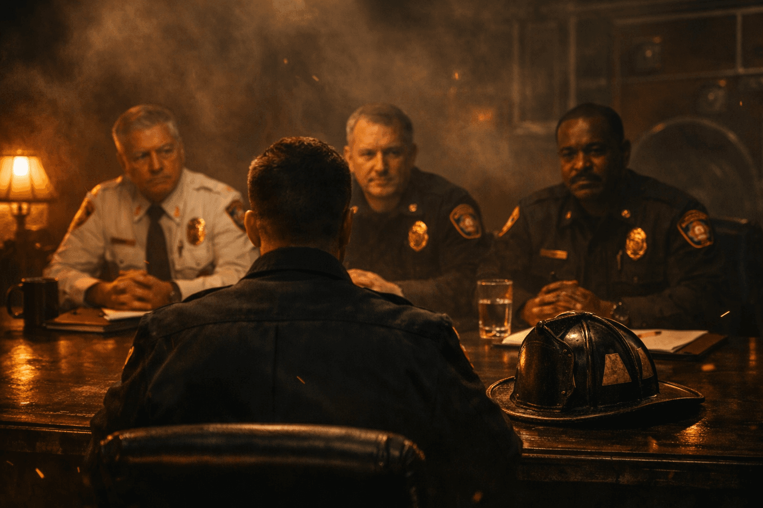 Three fire department officers conducting an oral board interview with a candidate seated across from them, firefighter helmet on the table
